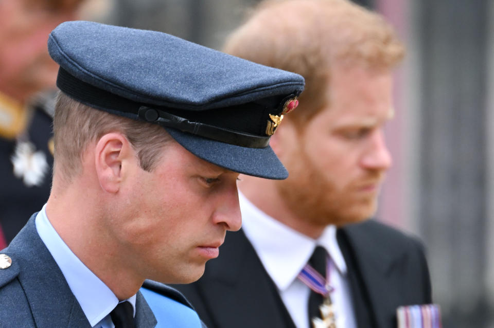 LONDON, ENGLAND - SEPTEMBER 19: Prince William, Prince of Wales and Prince Harry, Duke of Sussex during the State Funeral of Queen Elizabeth II at Westminster Abbey on September 19, 2022 in London, England. Elizabeth Alexandra Mary Windsor was born in Bruton Street, Mayfair, London on 21 April 1926. She married Prince Philip in 1947 and ascended the throne of the United Kingdom and Commonwealth on 6 February 1952 after the death of her Father, King George VI. Queen Elizabeth II died at Balmoral Castle in Scotland on September 8, 2022, and is succeeded by her eldest son, King Charles III. (Photo by Karwai Tang/WireImage)