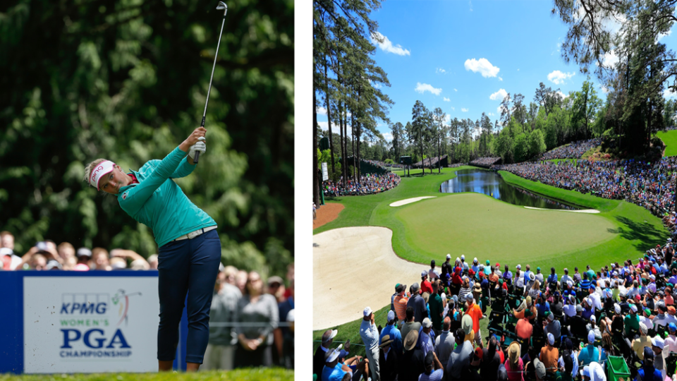Rolex Testimonee Brooke Henderson at the KPMG Women’s PGA Championship at Ahalee Country Club in 2016; A View of the 16th Hole at Augusta National Golf Club during the 80th Edition of The Masters in 2016 - Credit: Rolex/Getty Images; Rolex/Rob Brown