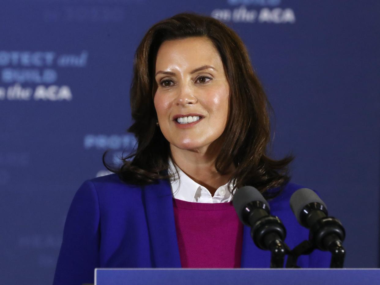 Gov. Gretchen Whitmer introduces Democratic presidential nominee Joe Biden delivers remarks about health care at Beech Woods Recreation Center October 16, 2020 in Southfield, Michigan.