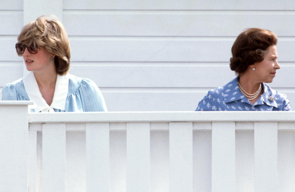 <p>The Queen and Diana, Princess of Wales, who was pregnant with Prince William, attend a polo match at Guards Polo Club on 30 May 1982 in Windsor. (Getty Images)</p> 