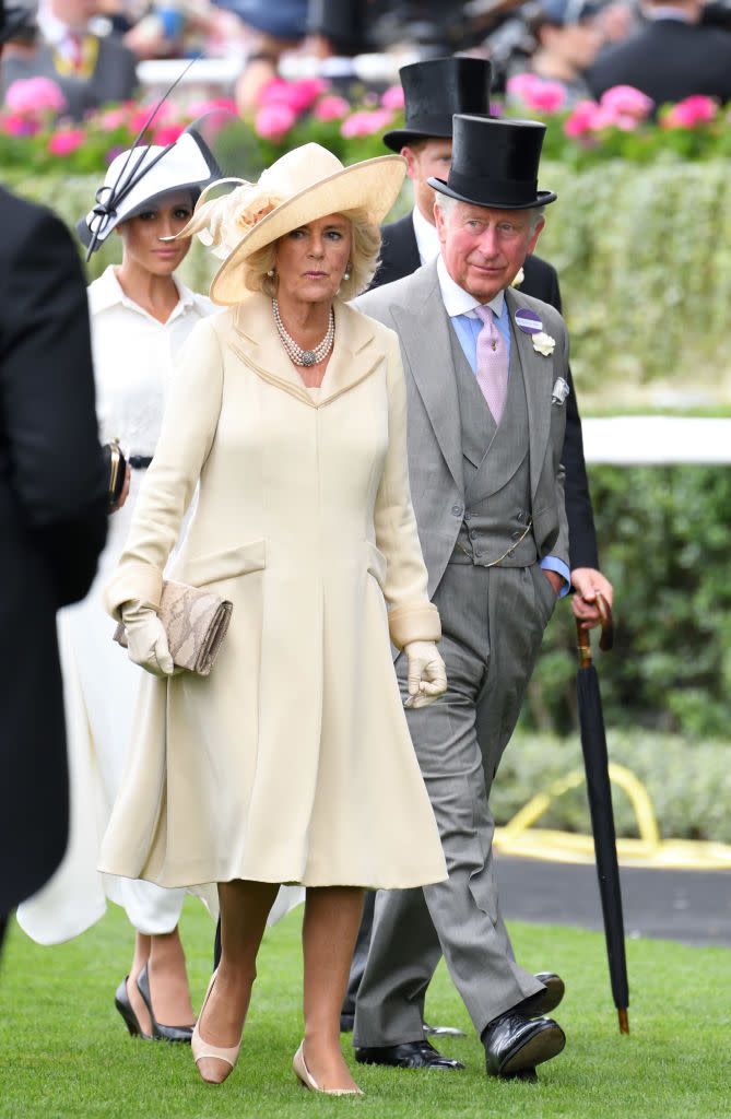 <p>Camilla Parker Bowles chose a pleated cream-colored dress and matching floral hat to the opening day of <a href="https://www.townandcountrymag.com/society/tradition/g21613757/royal-ascot-2018-opening-day-photos/" rel="nofollow noopener" target="_blank" data-ylk="slk:Royal Ascot;elm:context_link;itc:0;sec:content-canvas" class="link ">Royal Ascot</a>.</p>