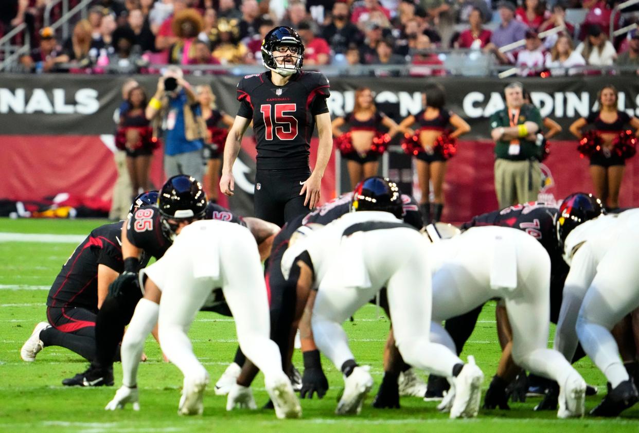 Oct 20, 2022; Glendale, Arizona, USA; Arizona Cardinals place kicker Rodrigo Blankenship (15) prepares to kick a field goal against the New Orleans Saints in the first half at State Farm Stadium. Mandatory Credit: Rob Schumacher-Arizona Republic