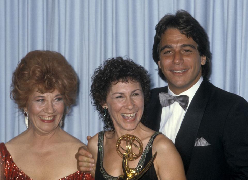 <p>Charlotte Rae, Rhea Perlman, and Tony Danza are gleeful inside the Emmy press room.</p>