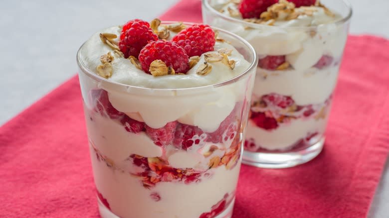 Cranachan in cups on towel