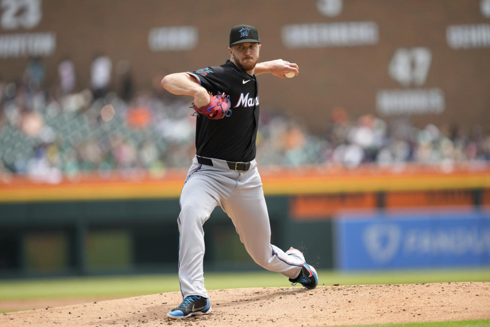 Miami Marlins pitcher Trevor Rogers throws against the Detroit Tigers in the first inning of a baseball game, Wednesday, May 15, 2024, in Detroit. (AP Photo/Paul Sancya)
