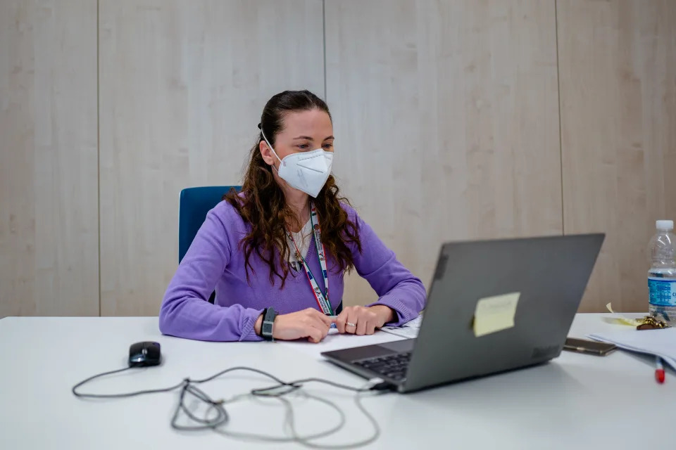 A doctor in her office in Bari connected by videoconference with a positive Covid patient who has just installed the device for Telemedicine on May 6, 2021. The ASL Bari in collaboration with the Civil Protection, has launched an experimental project of Telemedicine. Remote medical visits and consultations to monitor the health conditions of positive Covid patients at home. The coordination of the Usca, directed by Doctor Felice Spaccavento, after the provision of portable ultrasound systems, has enhanced home care thanks to the use of additional devices capable of detecting the vital parameters of patients: saturation, temperature, heart rate and pressure. (Photo by Davide Pischettola/NurPhoto via Getty Images)