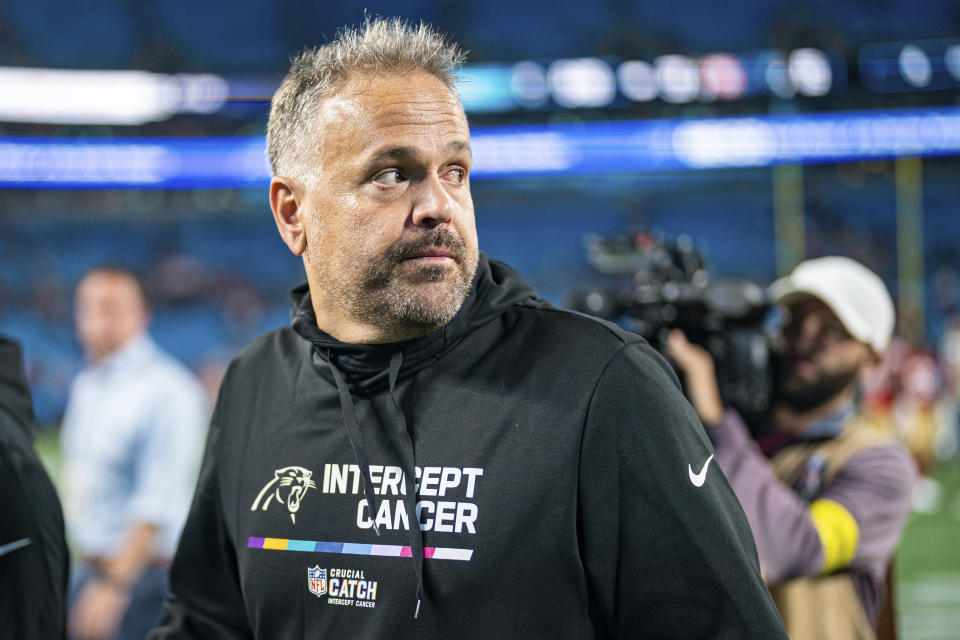 Carolina Panthers head coach Matt Rhule was fired in the middle of his third season with the team. (AP Photo/Jacob Kupferman)