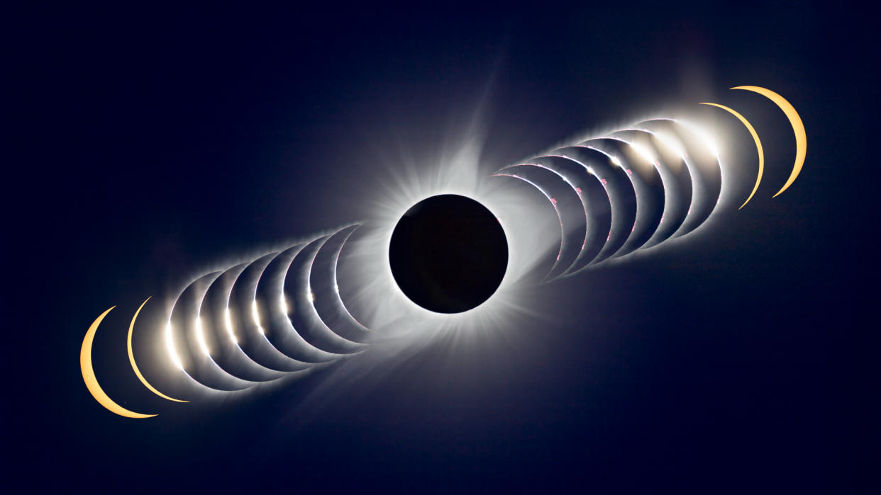  Sequence of total solar eclipse shows the sun disappearing behind the advancing moon and then remerging again.  