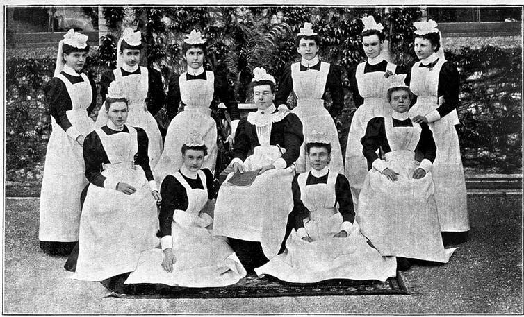 <span class="caption">Staff at another 19th-century asylum, the Royal Western Counties Institution in Devon.</span> <span class="attribution"><a class="link " href="https://wellcomecollection.org/works/gm93f37u" rel="nofollow noopener" target="_blank" data-ylk="slk:Wellcome Collection;elm:context_link;itc:0;sec:content-canvas">Wellcome Collection</a>, <a class="link " href="http://creativecommons.org/licenses/by-sa/4.0/" rel="nofollow noopener" target="_blank" data-ylk="slk:CC BY-SA;elm:context_link;itc:0;sec:content-canvas">CC BY-SA</a></span>