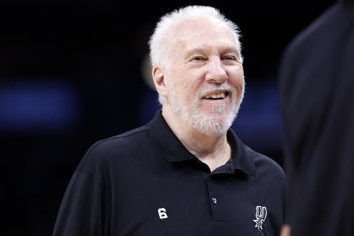 PHOENIX, ARIZONA - APRIL 04: Head coach Gregg Popovich of the San Antonio Spurs looks on during the game against the Phoenix Suns at Footprint Center on April 04, 2023 in Phoenix, Arizona. The Suns beat the Spurs 115-94. NOTE TO USER: User expressly acknowledges and agrees that, by downloading and or using this photograph, User is consenting to the terms and conditions of the Getty Images License Agreement.  (Photo by Chris Coduto/Getty Images)
