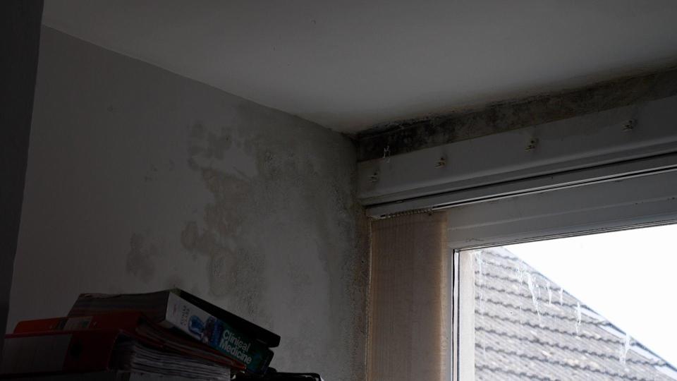 A roof corner of Elin's home showing darker patches of damp