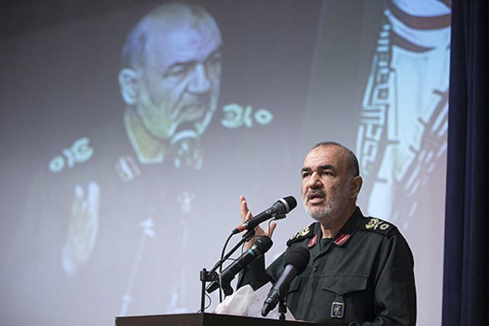 In this undated photo released by Sepahnews, the website of the Iranian Revolutionary Guard, Gen. Hossein Salami speaks in a meeting in Tehran, Iran. Ayatollah Ali Khamenei, Iran's supreme leader, has appointed Salami to head to the country's powerful Revolutionary Guard, just after the U.S. designated the paramilitary force a terrorist group. (Sepahnews via AP)