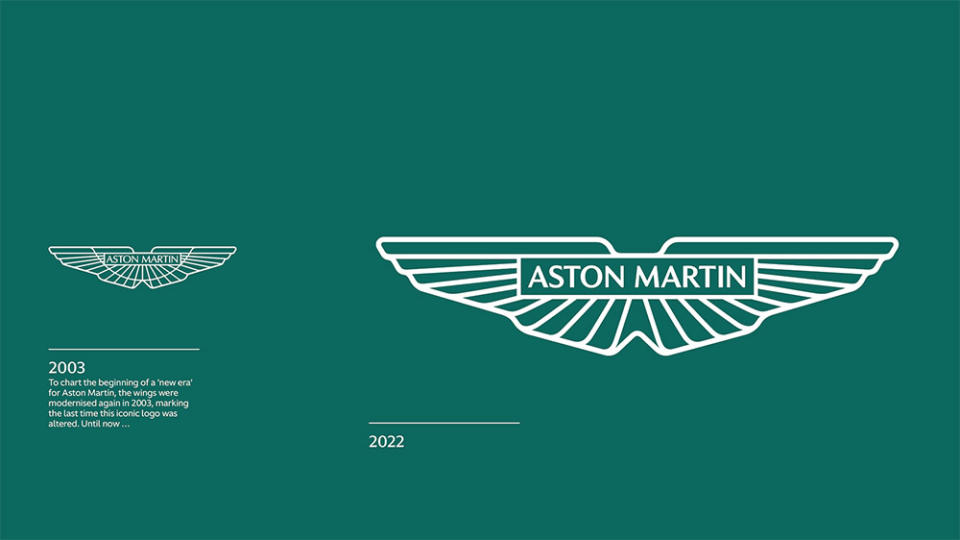 Aston Martin’s 2003 and 2022 winged logos - Credit: Aston Martin