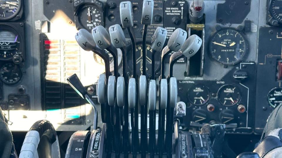 The throttle of a B-52 Stratofortress allows its pilots to individually adjust power to specific engines in case of trouble. (Stephen Losey/Staff)