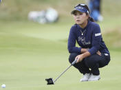 Japan's Serena Aoki rlines up her putt on the 13th green during the second round of the Women's British Open golf championship, in Carnoustie, Scotland, Friday, Aug. 20, 2021. (AP Photo/Scott Heppell)