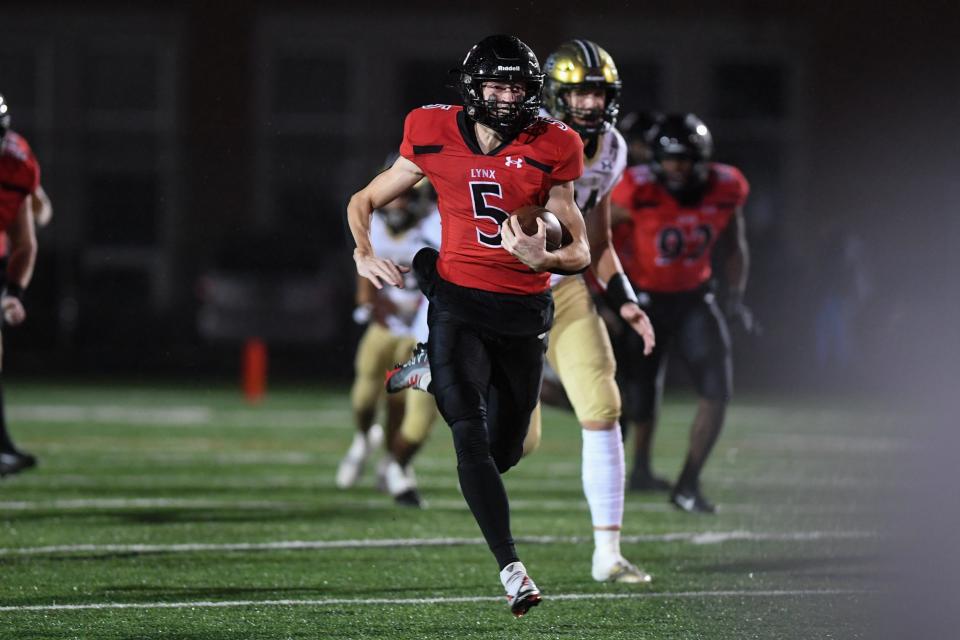 Brandon Valley's Landon Dulaney runs with the football during a game against the Jefferson Cavaliers on Thursday, Oct. 26, 2023 at Brandon Valley High School in Brandon, South Dakota.