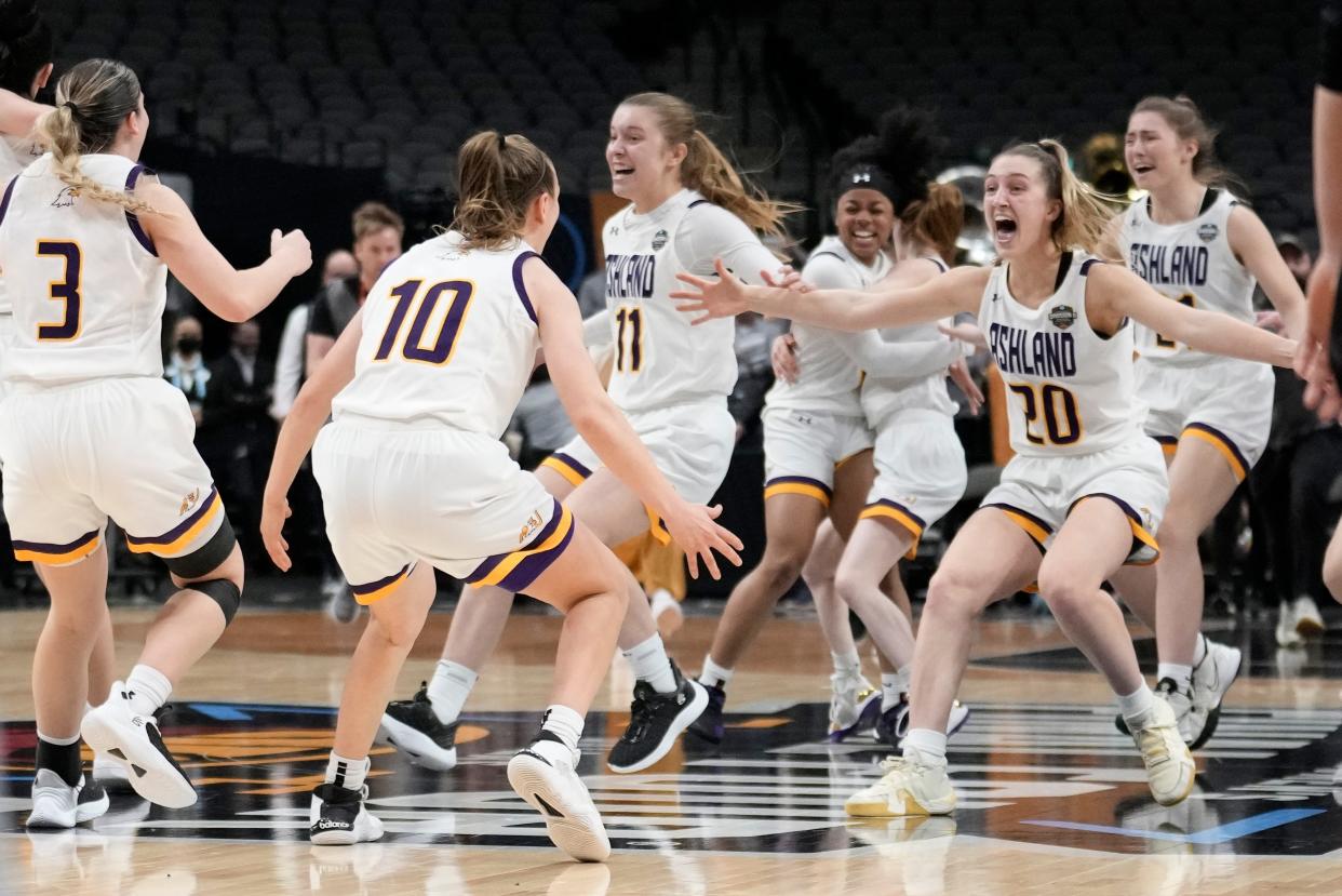 Ashland players celebrate after the NCAA Women's Division 2 championship basketball game against Minnesota Duluth Saturday, April 1, 2023, in Dallas. Ashland won 78-67 to win the championship. (AP Photo/Morry Gash)