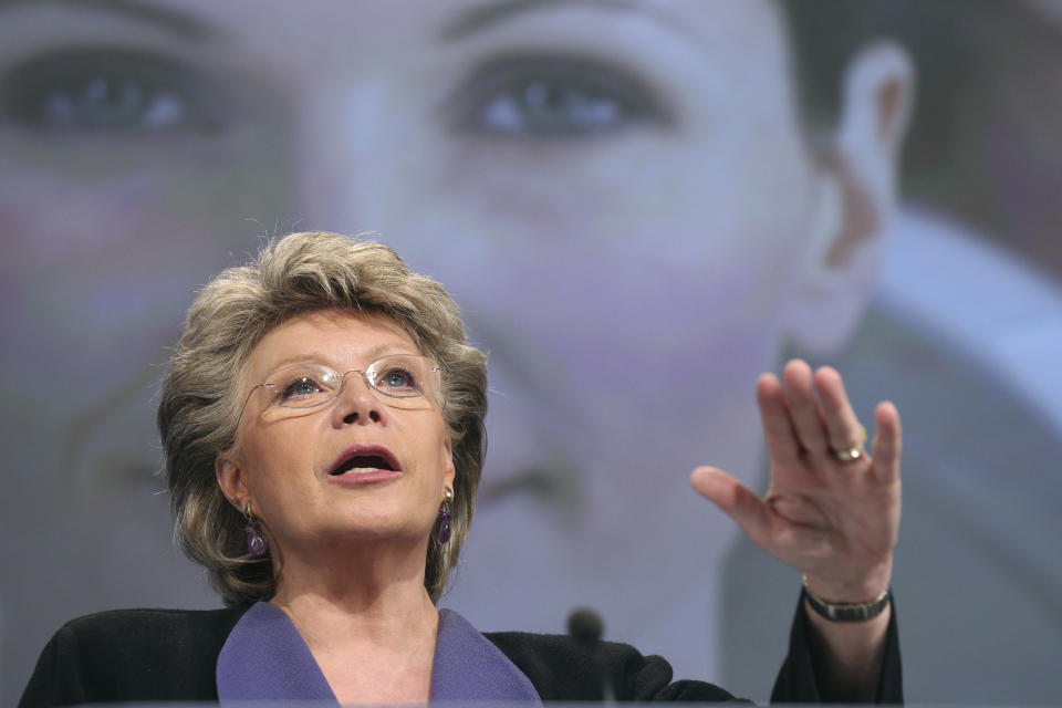 European Commissioner for Justice, Fundamental Rights and Citizenship Viviane Reding addresses the media at the European Commission headquarters in Brussels, Monday, March 5, 2012. The European Union says companies are still too slow in promoting women into decision-making posts and that it could introduce mandatory quotas for women on corporate boards later this year. (AP Photo/Yves Logghe)