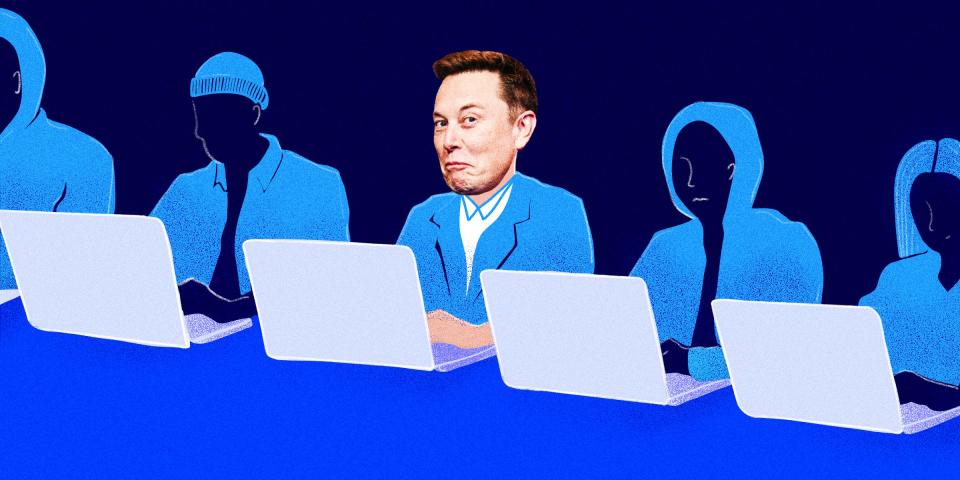 illustration of elon musk working on a laptop in a row between four other software engineers