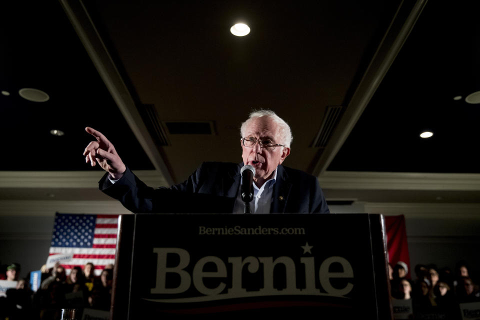 Democratic presidential candidate Sen. Bernie Sanders, I-Vt., speaks at a climate rally with the Sunrise Movement at The Graduate Hotel, Sunday, Jan. 12, 2020, in Iowa City, Iowa. (AP Photo/Andrew Harnik)