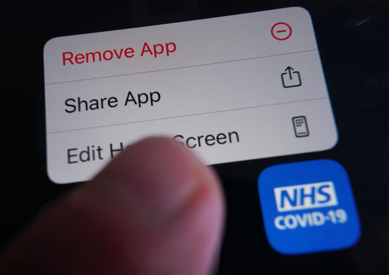 An option is displayed on a mobile phone to remove the NHS coronavirus contact tracing app, in London. Picture date: Wednesday July 21, 2021.