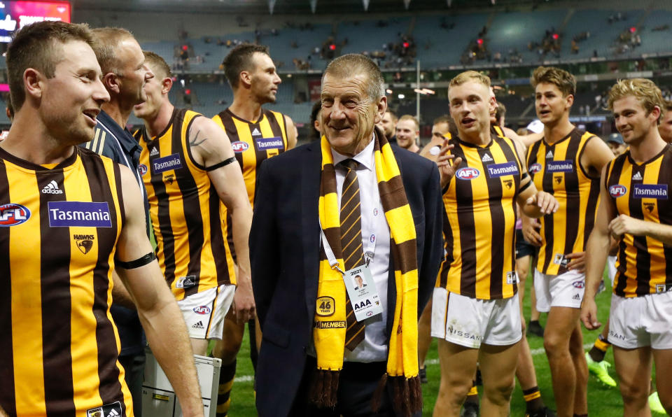 Jeff Kennett, pictured here after Hawthorn's win over Essendon in 2021.