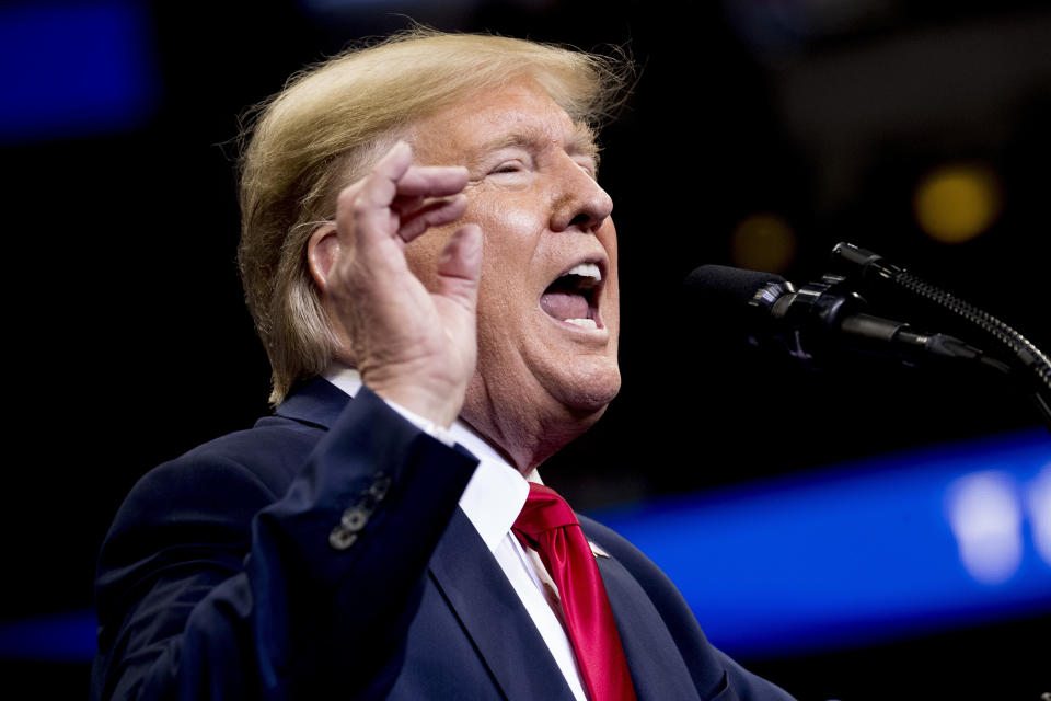 President Donald Trump speaks at a campaign rally at American Airlines Arena in Dallas, Texas, Thursday, Oct. 17, 2019. (AP Photo/Andrew Harnik)