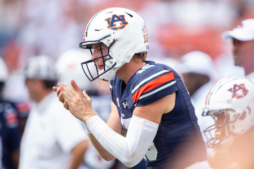 AUBURN, ALABAMA – SEPTEMBER 7: Quarterback Hank Brown #15 of the Auburn Tigers before their game against the California Golden Bears at Jordan-Hare Stadium on September 7, 2024 in Auburn, Alabama. (Photo by Michael Chang/Getty Images)