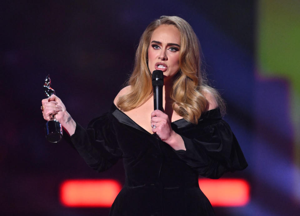 Adele accepting the Artist of the Year award at The BRIT Awards 2022. (Getty Images)