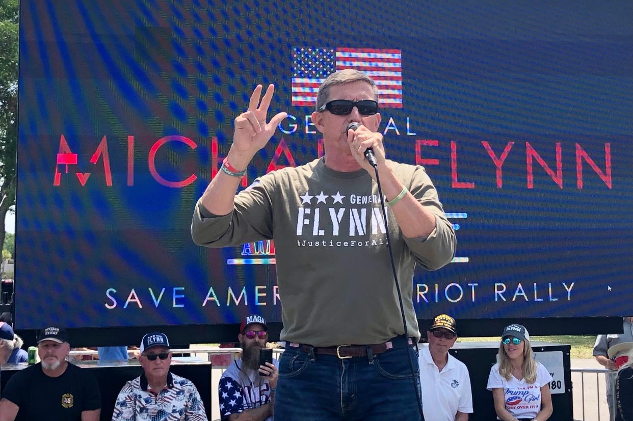 Michael Flynn, Donald Trump’s first national security adviser, speaks at a rally at the former DeSoto Square Mall, in Bradenton, in 2021.