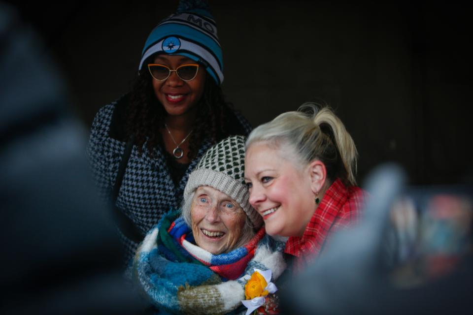 Springfield City Council member Monica Horton, left, and Director of Public Information & Civic Engagement Cora Scott smile with Roseann Bentley during the dedication ceremony of the Roseann Bentley Memorial Playground at Phelps Grove Park on Tuesday, Nov. 21, 2023.