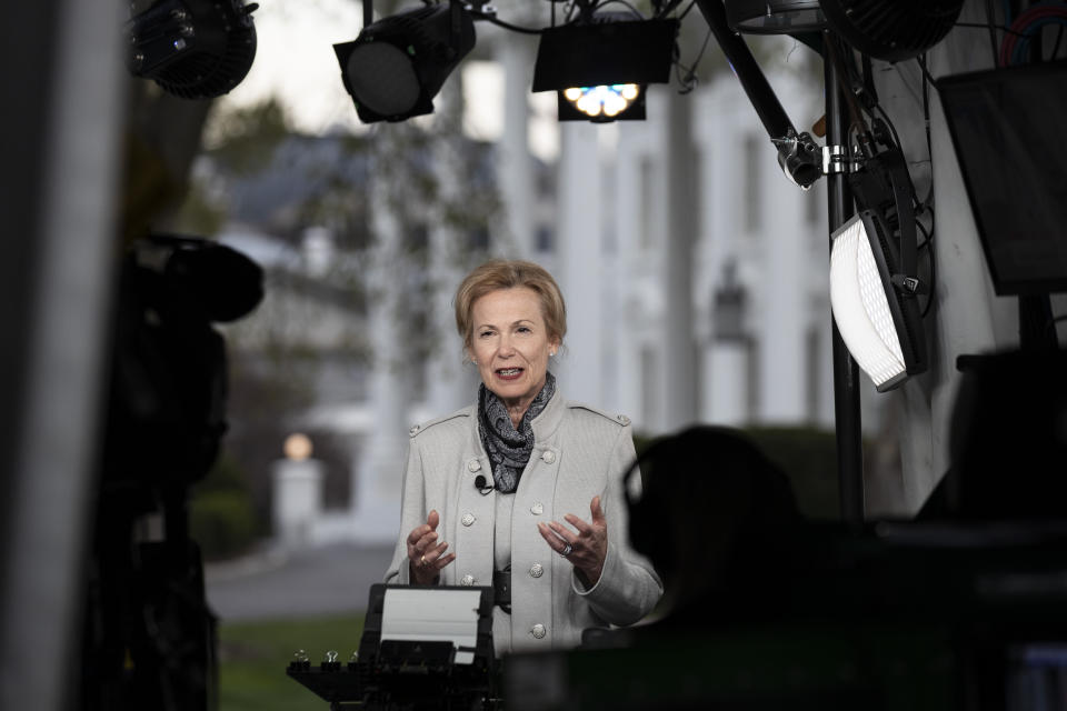 FILE - In this March 19, 2020, file photo Dr. Deborah Birx, White House coronavirus response coordinator, talks during a television interview about the coronavirus at the White House in Washington. Birx has emerged as one of the most important voices in the administration’s response to the coronavirus pandemic, spelling out the implications of the virus in personal terms while attempting to reassure Americans that it is centering its response to the pandemic with a data-driven mindset. (AP Photo/Alex Brandon, File)