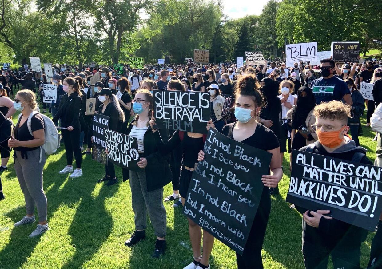 Edmontonians gather at a Black Lives Matter rally on the Alberta Legislature grounds in June 2020 after George Floyd was murdered by a Minneapolis police officer. (Trevor Wilson/CBC - image credit)