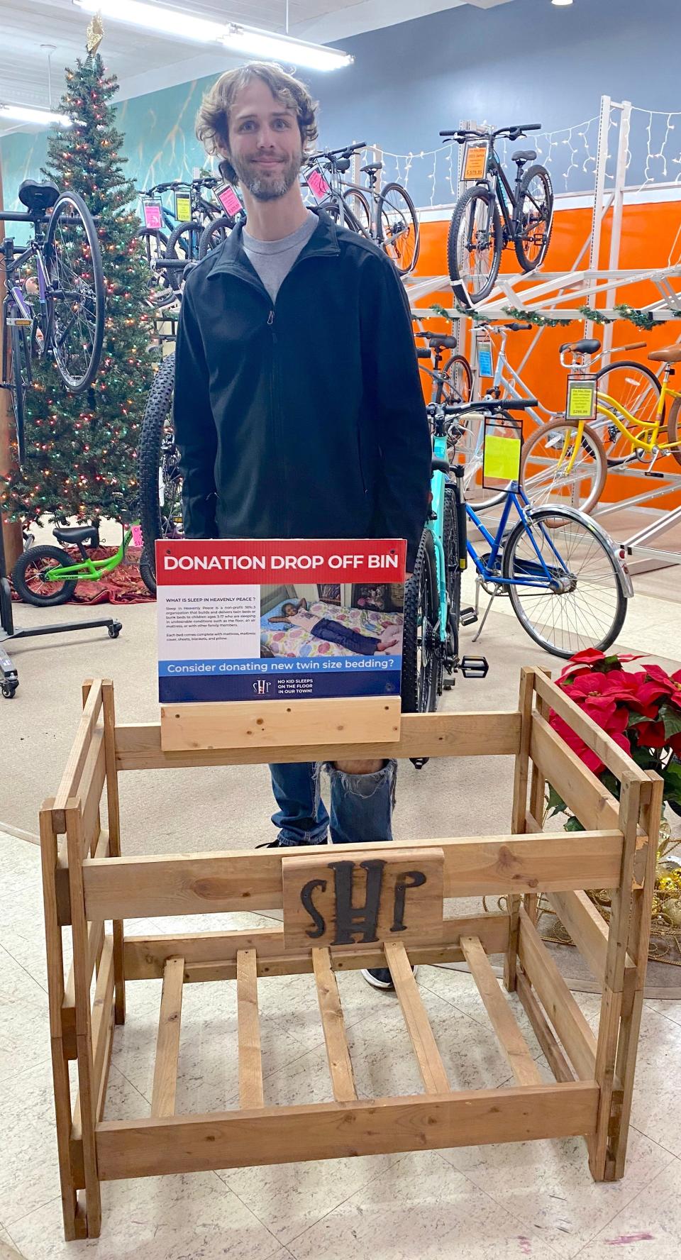 Dustin Lindner from The Bike Shop is sponsoring the December bedding drive for Sleep in Heavenly Peace. He is also donating 5% of all December sales to the organization.