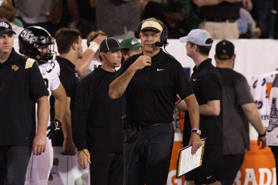 Dec 3, 2022; New Orleans, Louisiana, USA; UCF Knights head coach Gus Malzahn looks on against the Tulane Green Wave during the second half at Yulman Stadium. Mandatory Credit: Stephen Lew-USA TODAY Sports