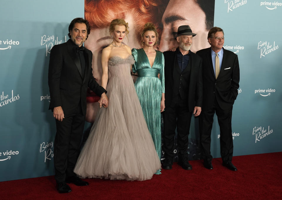 Aaron Sorkin, far right, writer/director of "Being the Ricardos," poses with cast members, from left, Javier Bardem, Nicole Kidman, Nina Arianda and J.K. Simmons at the premiere of the film, Monday, Dec. 6, 2021, at The Academy Museum in Los Angeles. (AP Photo/Chris Pizzello)