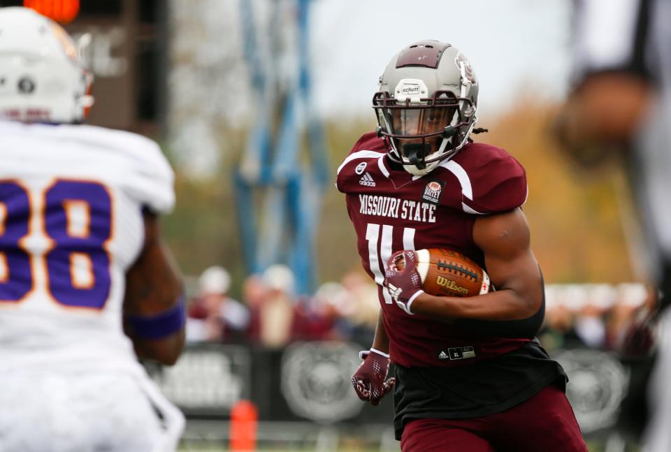 Stetson Moore (14) of the Missouri State Bears carries the ball during the Bears win on the Western Illinois Leathernecks at Plaster Stadium on Saturday, Oct. 29, 2022. 