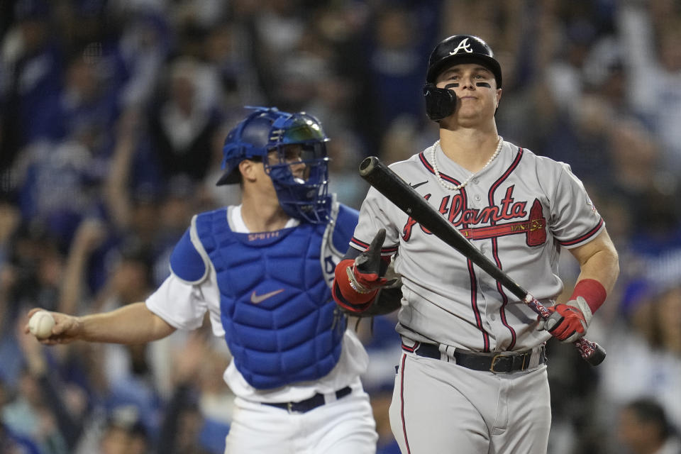 Atlanta Braves' Joc Pederson reacts after striking out in the night inning against the Los Angeles Dodgers in Game 3 of baseball's National League Championship Series Tuesday, Oct. 19, 2021, in Los Angeles. (AP Photo/Ashley Landis)