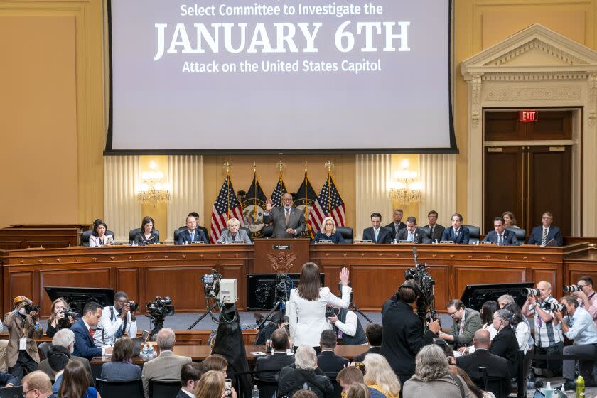 Cassidy Hutchinson, former aide to then White House chief of staff Mark Meadows, is sworn in for a hearing of the Select Committee to Investigate the January 6th Attack on the US Capitol in Washington, D.C., US, on Tuesday, June 28, 2022. Hutchinson, who previously gave videotaped depositions offering insider details on the final days of Donald Trump's presidency, is appearing before the committee on short notice while most of Congress is on a two-week break. Photographer: Shawn Thew/EPA/Bloomberg via Getty Images