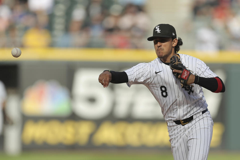 Chicago White Sox second baseman Nicky Lopez throws the ball to first base for the out on Atlanta Braves' Austin Riley during the ninth inning of a baseball game Thursday, June 27, 2024, in Chicago. (AP Photo/Melissa Tamez)