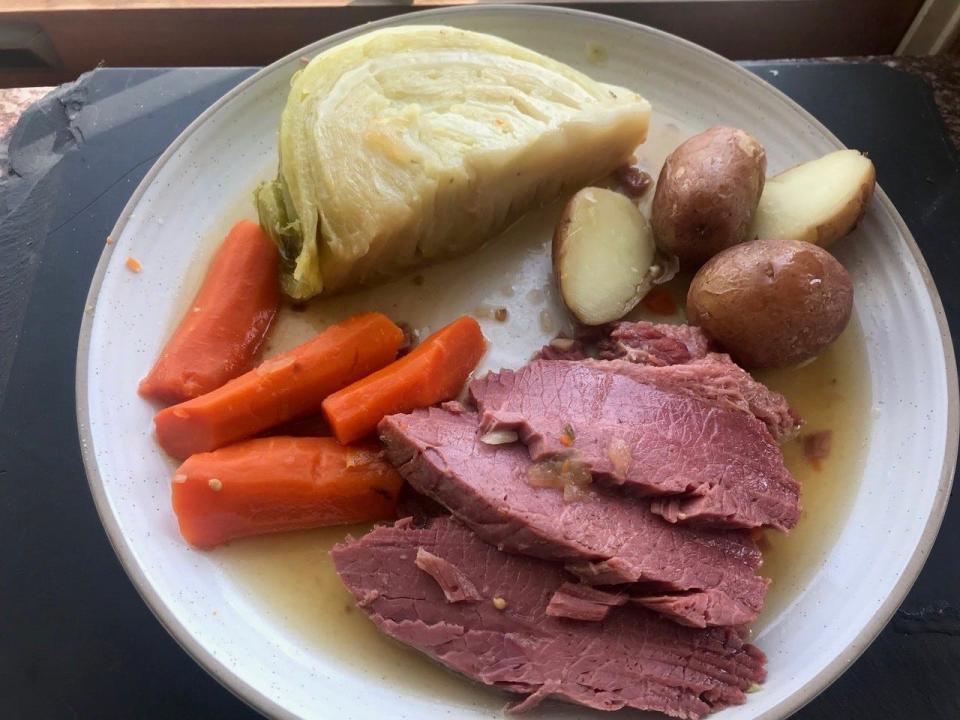 Corned beef and cabbage is a dish typically eaten on St. Patrick's Day in the U.S.