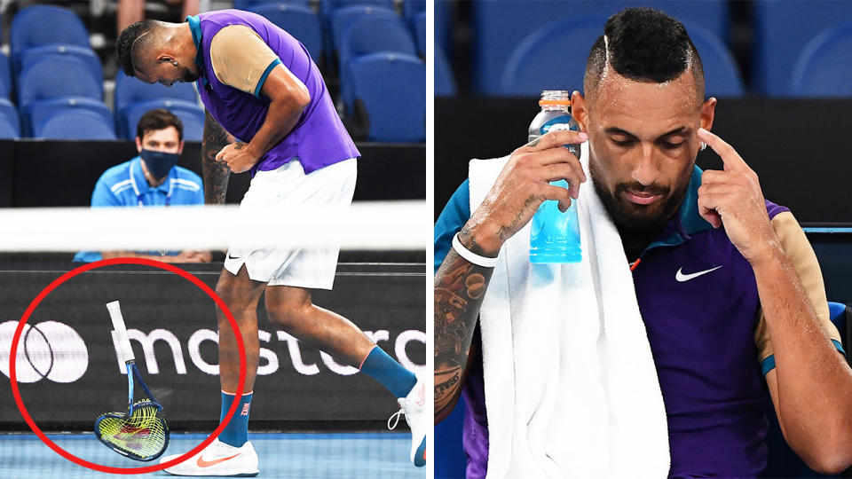 Nick Kyrgios (pictured right) getting frustrated and (pictured left) breaking his racquet.