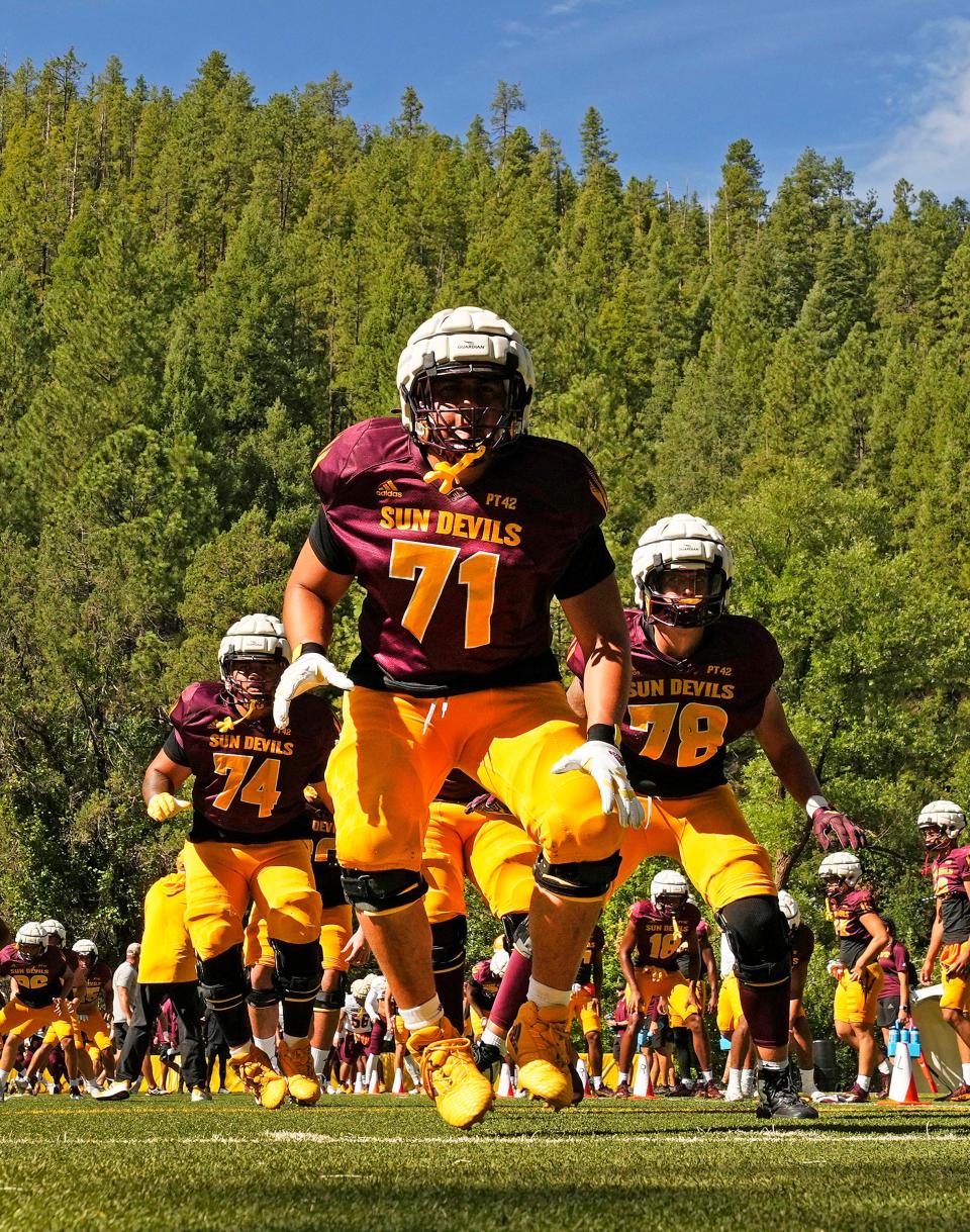 Arizona State offensive lineman Makua Pule (71) during workouts at Camp Tontozona in Payson on Aug. 10, 2023.