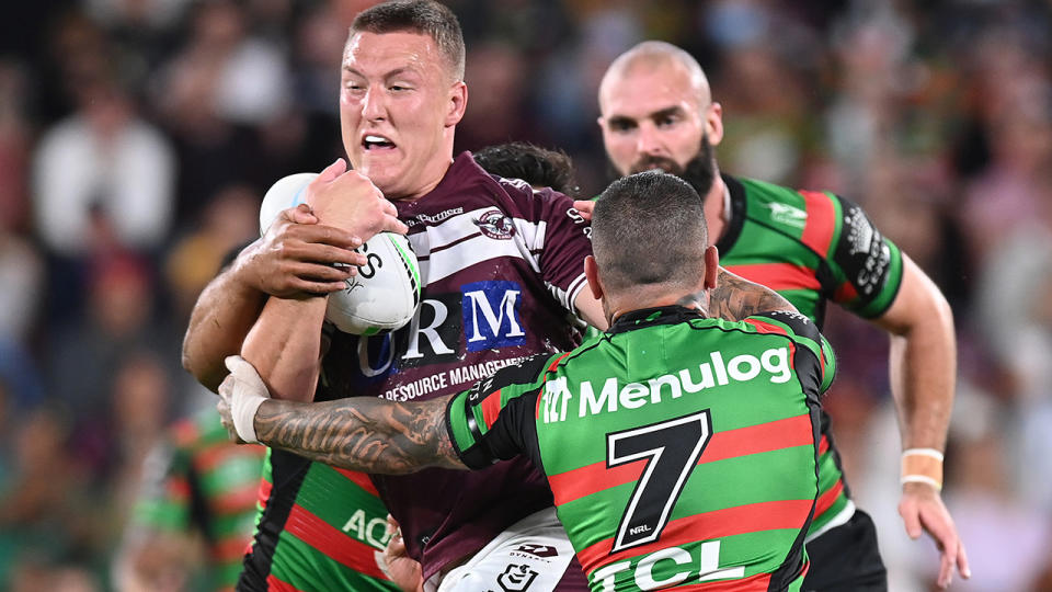 Sean Keppie, pictured here in action for Manly against South Sydney.