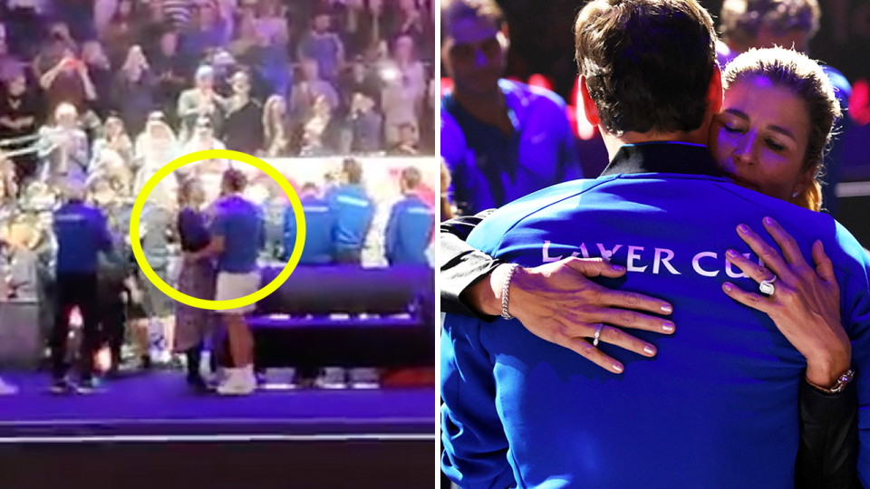 Mirka Federer consoling an emotional Rafa Nadal (pictured left) and (pictured right) Mirka hugging Roger Federer.