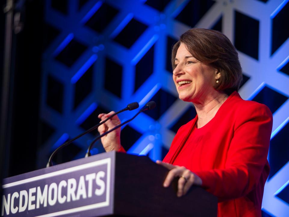 Democratic Presidential Candidate Sen. Amy Klobuchar, D-Minn, speaks at the Blue NC celebration at the Hilton Charlotte University Place in Charlotte, N.C., Saturday, Feb. 29, 2020. (Joshua Komer/The Charlotte Observer via AP)