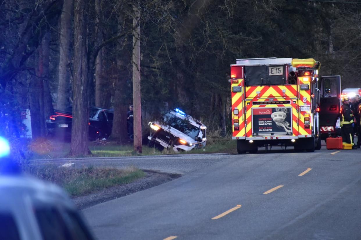 Surrey RCMP say occupants of the stolen vehicle fled on foot after a collision with a police vehicle, but all suspects were located and taken into custody on Sunday afternoon. (Curtis Kreklau - image credit)