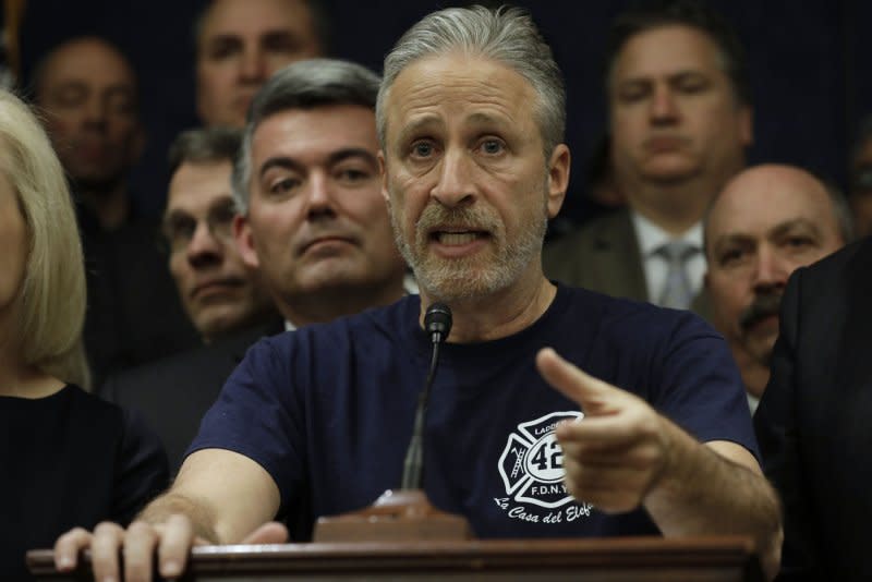 Jon Stewart speaks during a news conference in support of the Permanent Authorization of the September 11th Victim Compensation Fund Act on Capitol Hill in Washington in 2019. File Photo by Yuri Gripas/UPI