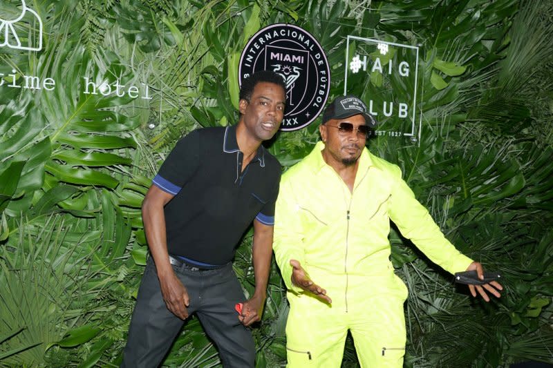 Timbaland (R) and Chris Rock attend the opening of the Goodtime Hotel in Miami Beach, Fla., in 2021. File Photo by Gary I. Rothstein/UPI