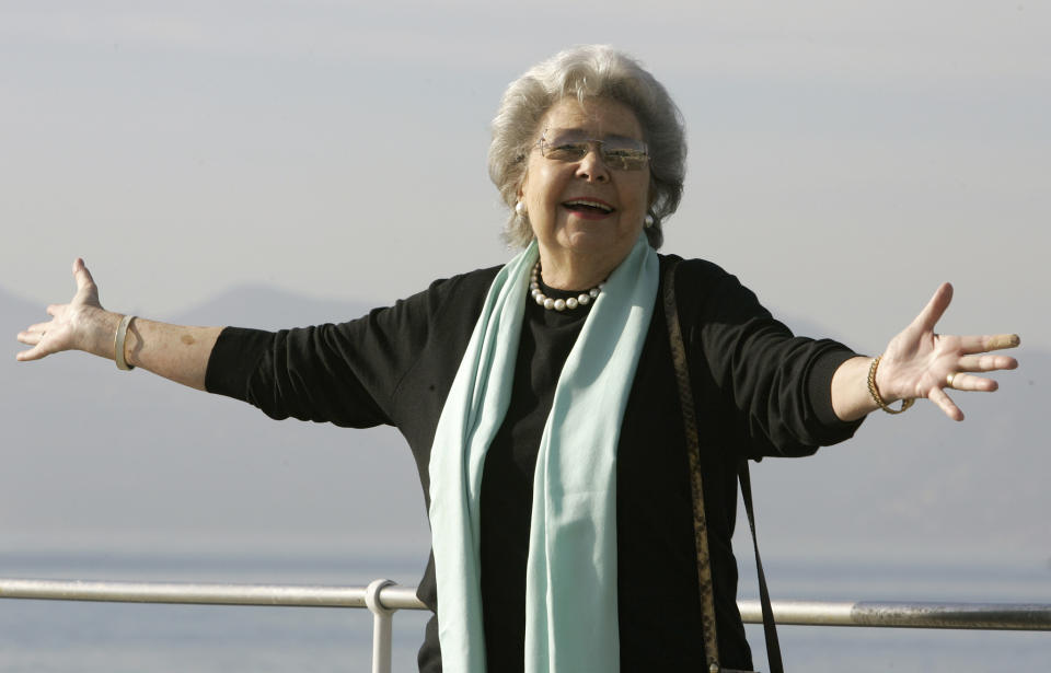 FILE - Retired German-born mezzo-soprano Christa Ludwig poses during the 42nd MIDEM (International record music publishing and video music market) in Cannes, southern France, on Jan. 28, 2008. Ludwig, a renowned interpreter of Wagner, Mozart and Strauss who starred the world’s great stages for four decades, died Saturday her home in Klosterneuburg, Austria. She was 94. Her death was announced by the Vienna State Opera. (AP Photo/Lionel Cironneau, File)